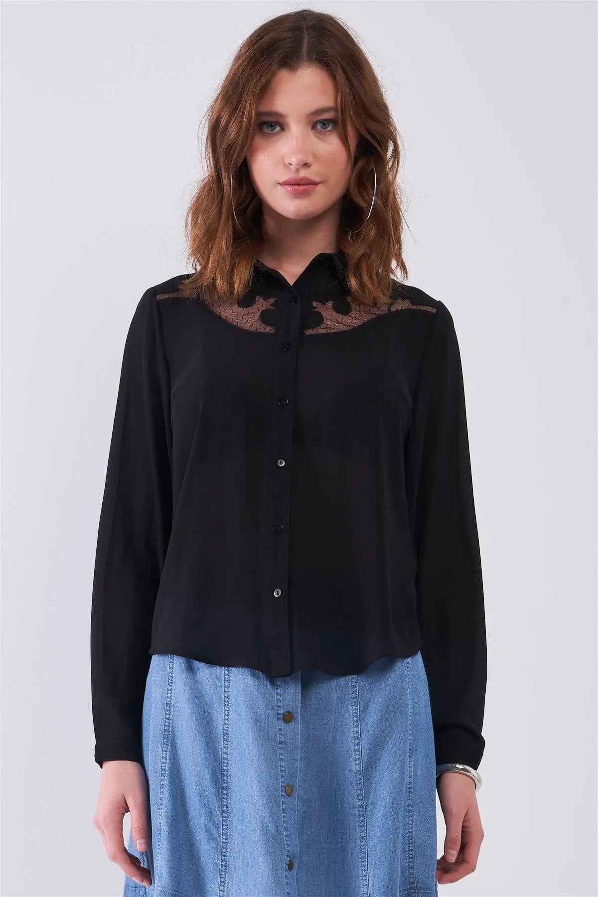 Black Embroidered Sheer Mesh Insert Detail Button-Down Front Shirt Top /1-1-2