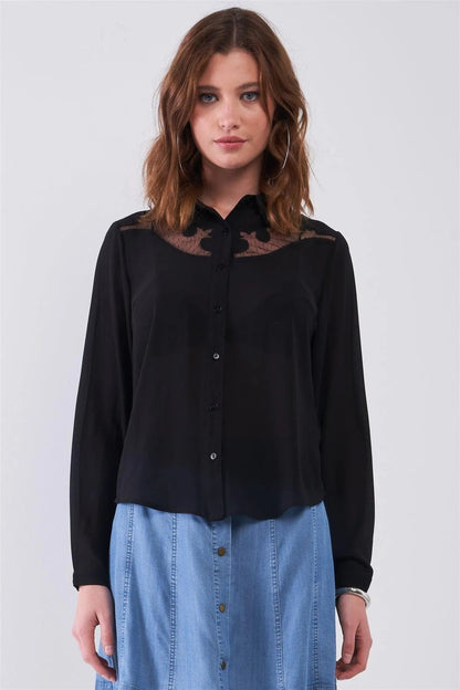 Black Embroidered Sheer Mesh Insert Detail Button-Down Front Shirt Top /1-1-2