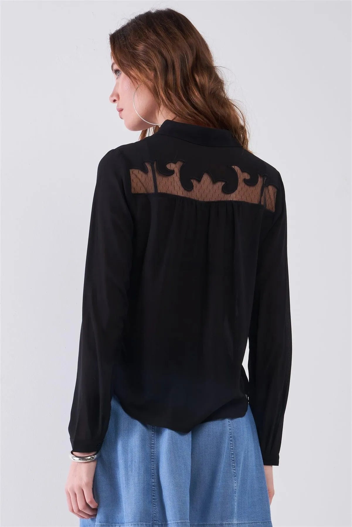 Black Embroidered Sheer Mesh Insert Detail Button-Down Front Shirt Top /1-1-2