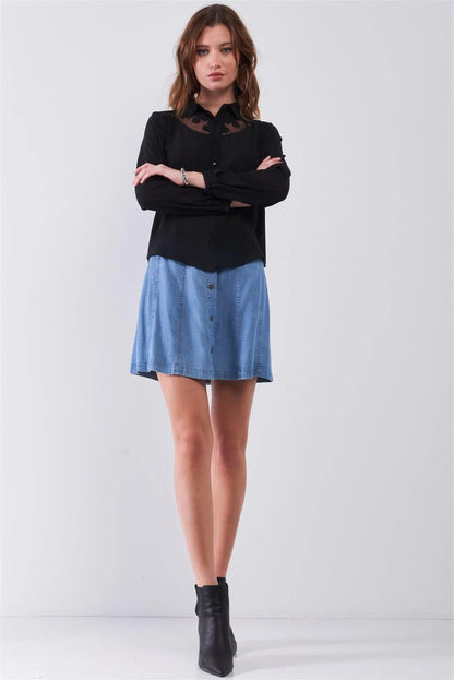 Black Embroidered Sheer Mesh Insert Detail Button-Down Front Shirt Top /1-1-2