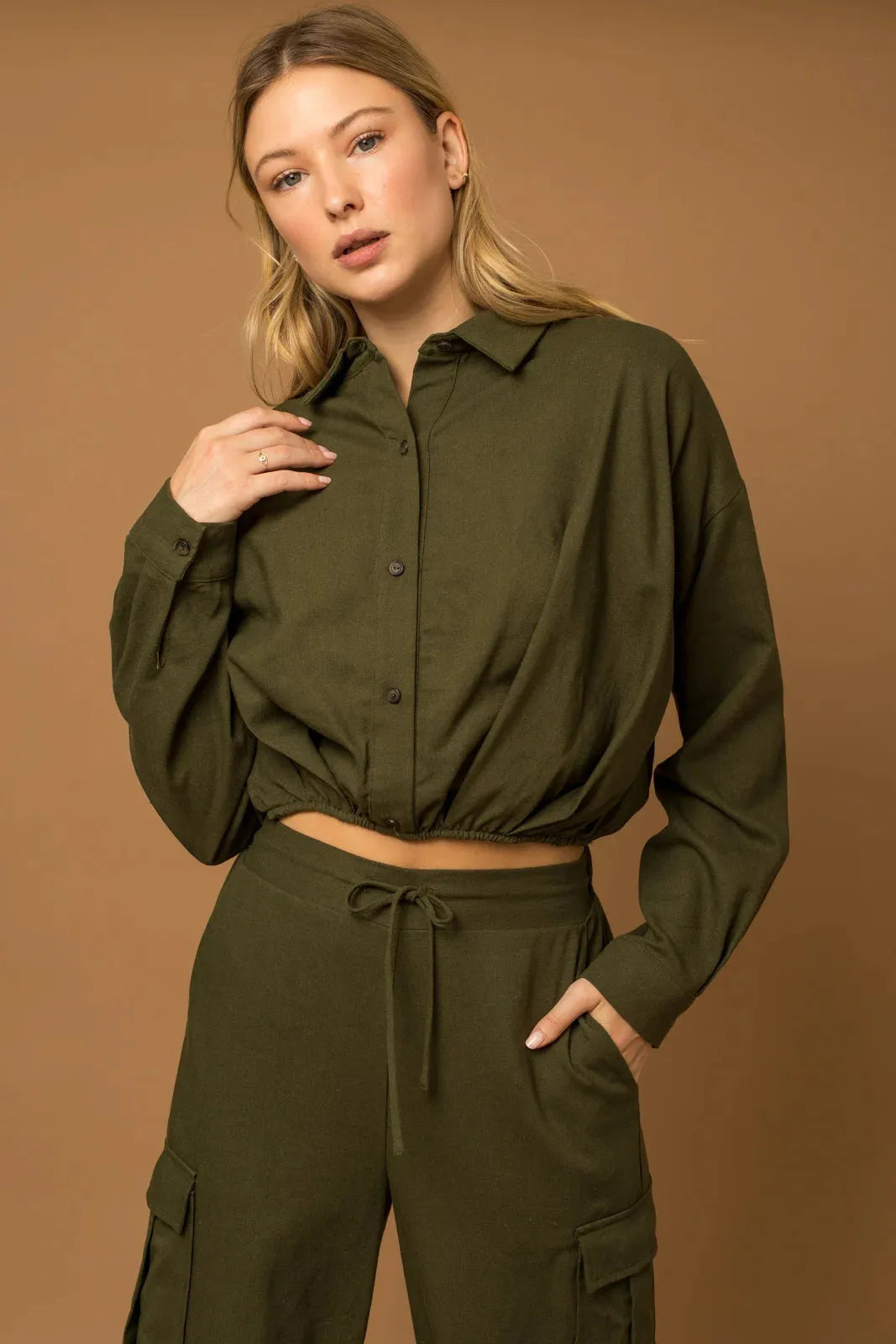 Army Streetwear Cropped Long Sleeve Drawstring Hem Linen Shirt