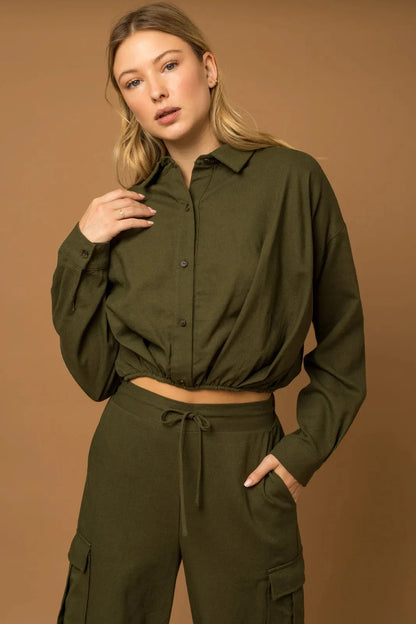 Army Streetwear Cropped Long Sleeve Drawstring Hem Linen Shirt