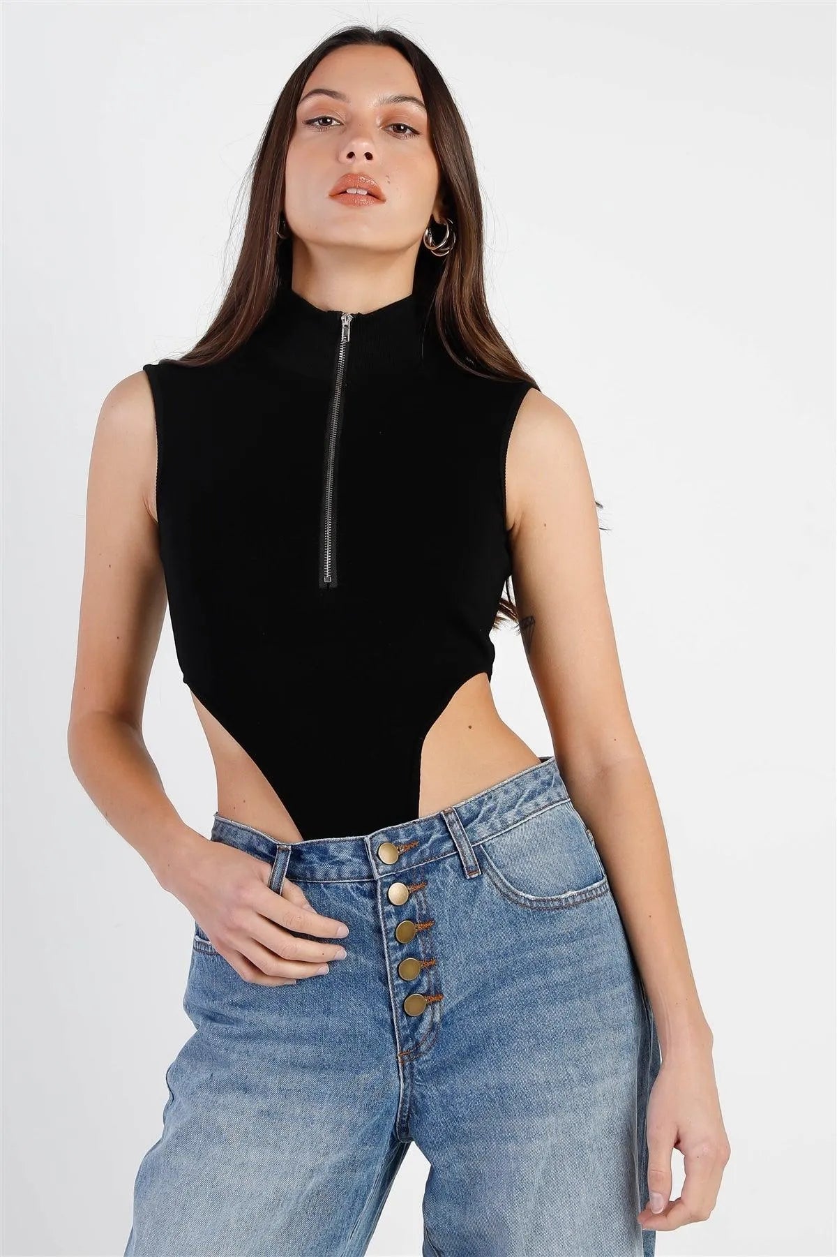 Black Cotton Zip-Up Mock Neck High Cut Bodysuit /3-2-1