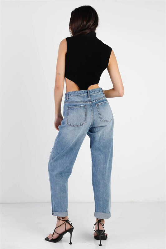 Black Cotton Zip-Up Mock Neck High Cut Bodysuit /3-2-1