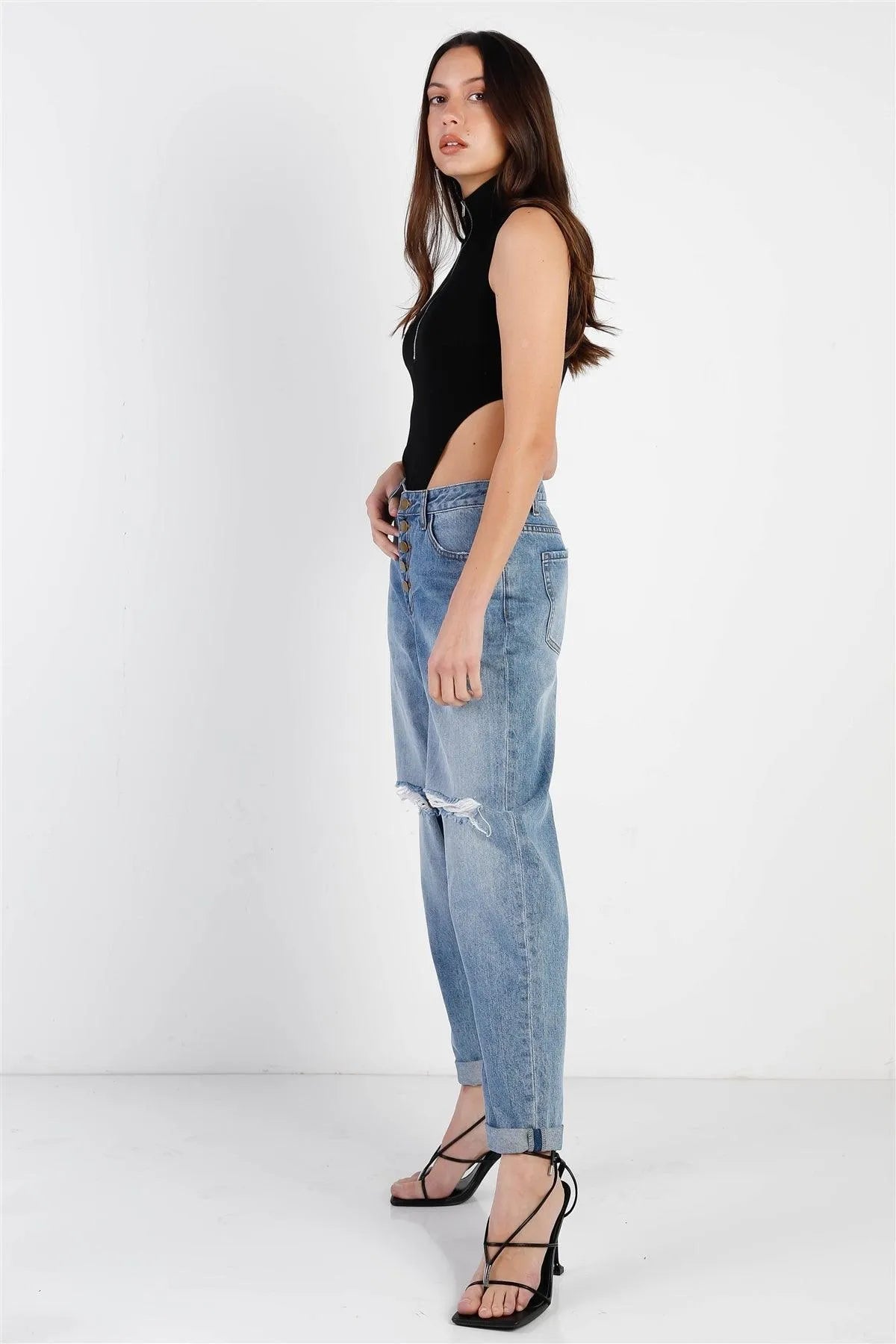 Black Cotton Zip-Up Mock Neck High Cut Bodysuit /3-2-1