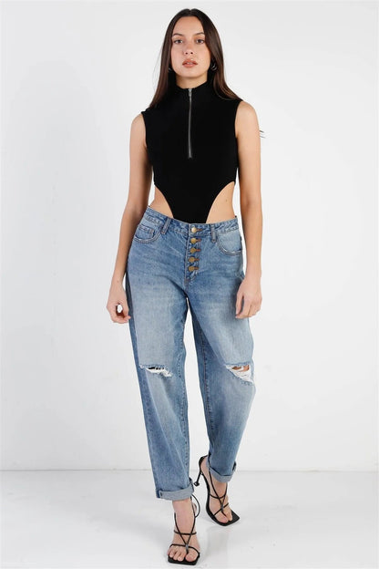 Black Cotton Zip-Up Mock Neck High Cut Bodysuit /3-2-1