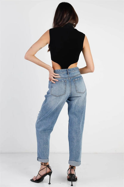 Black Cotton Zip-Up Mock Neck High Cut Bodysuit /3-2-1