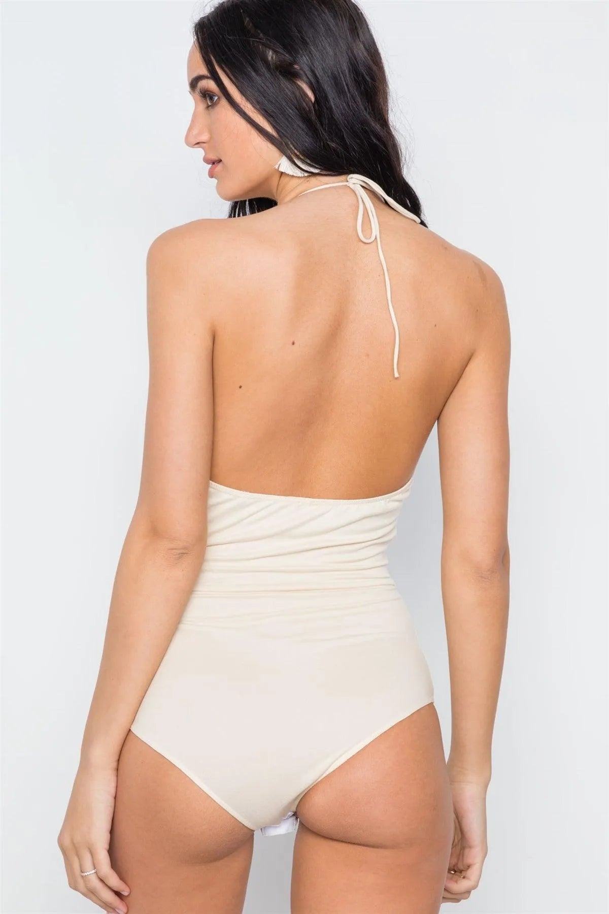 Beige Surplice Neckline Solid V-Neck Bodysuit /2-2-1