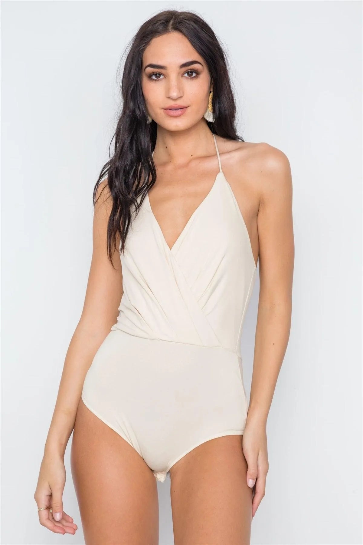 Beige Surplice Neckline Solid V-Neck Bodysuit /3-2-1