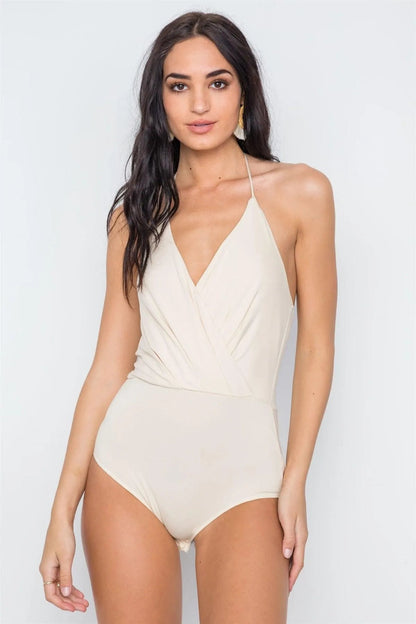 Beige Surplice Neckline Solid V-Neck Bodysuit /3-2-1