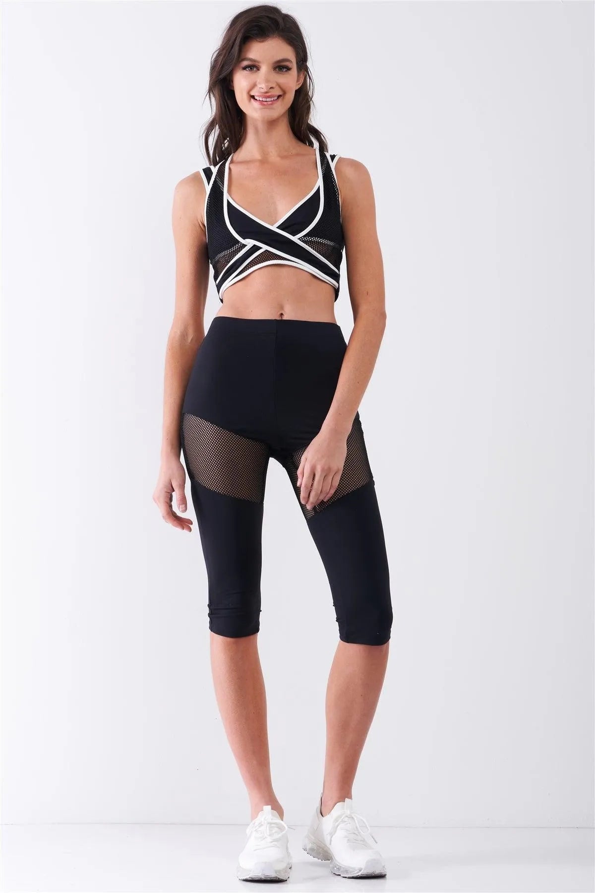 Black Combined Sheer Net Mesh Sleeveless Overlapping Racer Back Sports Bra Crop Top
