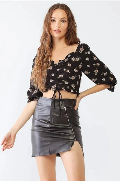 Black Floral Ruffle Midi Sleeve Smocked Back Ruched Crop Top