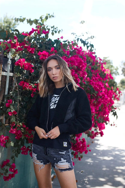 Black High Neck Shearling Vegan Leather Detail Cropped Moto Bomber Jacket /3-2-1