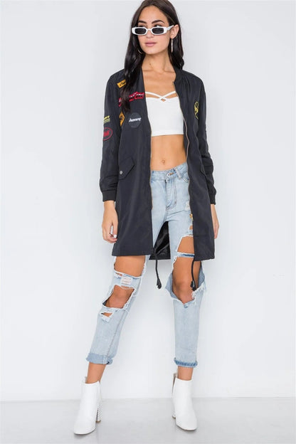 Black Graphic Patch Long Sleeve Bomber Jacket /2-2-2