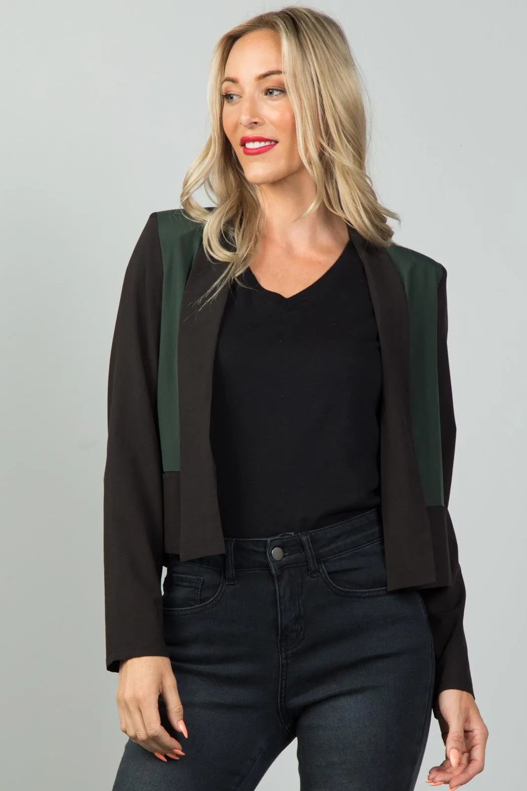 Black And Olive wo Tone Open Front Blazer / 3-2-1