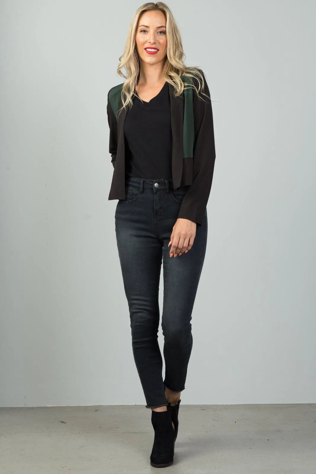 Black And Olive wo Tone Open Front Blazer / 3-2-1