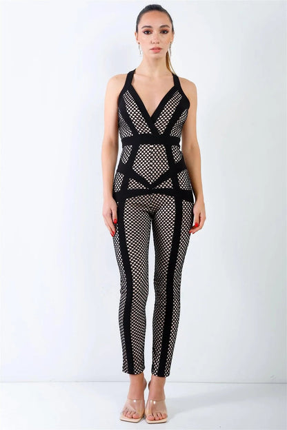 Black Fishnet Nude Lining Back Crossover Straps Jumpsuit /3-2-1