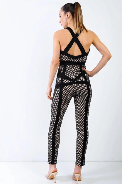 Black Fishnet Nude Lining Back Crossover Straps Jumpsuit /3-2-1