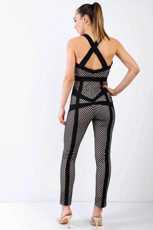 Black Fishnet Nude Lining Back Crossover Straps Jumpsuit /3-2-1