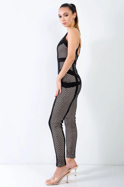 Black Fishnet Nude Lining Back Crossover Straps Jumpsuit /3-2-1