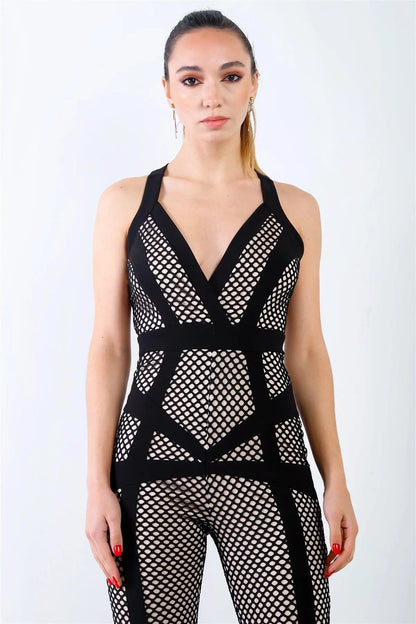 Black Fishnet Nude Lining Back Crossover Straps Jumpsuit /3-2-1
