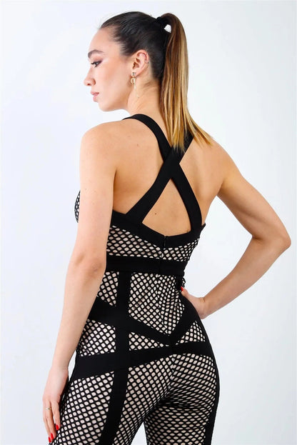 Black Fishnet Nude Lining Back Crossover Straps Jumpsuit /3-2-1