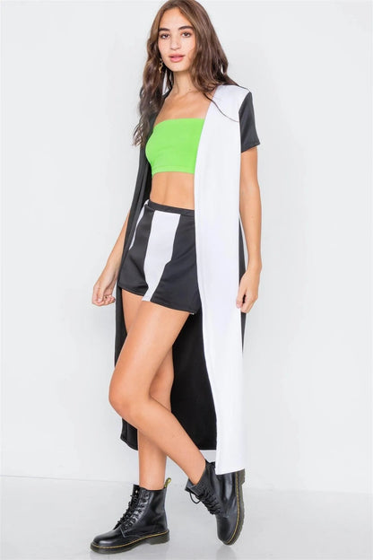 Black & White Color Block Shorts & Trench Coat Set  /1-2-2