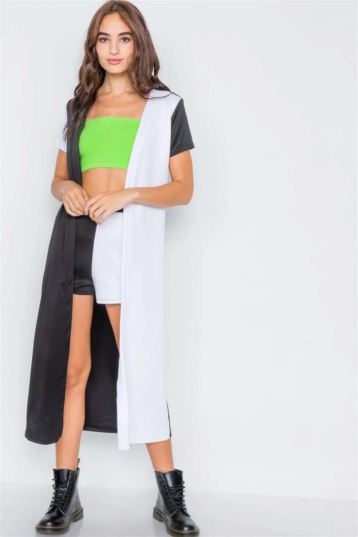 Black & White Color Block Shorts & Trench Coat Set