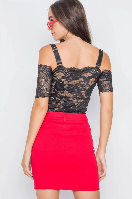 Black Cami Off-The-Shoulder Floral Lace Bodysuit /2-2-2