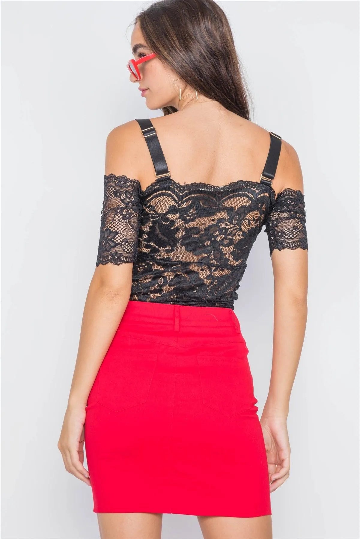 Black Cami Off-The-Shoulder Floral Lace Bodysuit