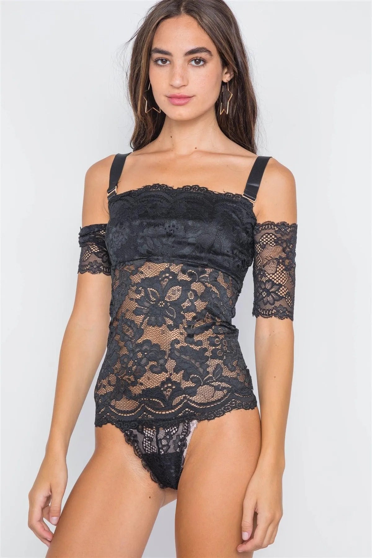 Black Cami Off-The-Shoulder Floral Lace Bodysuit