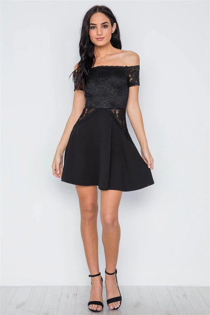 Black Floral Lace Off-The-Shoulder Skater Mini Dress /2-2-2