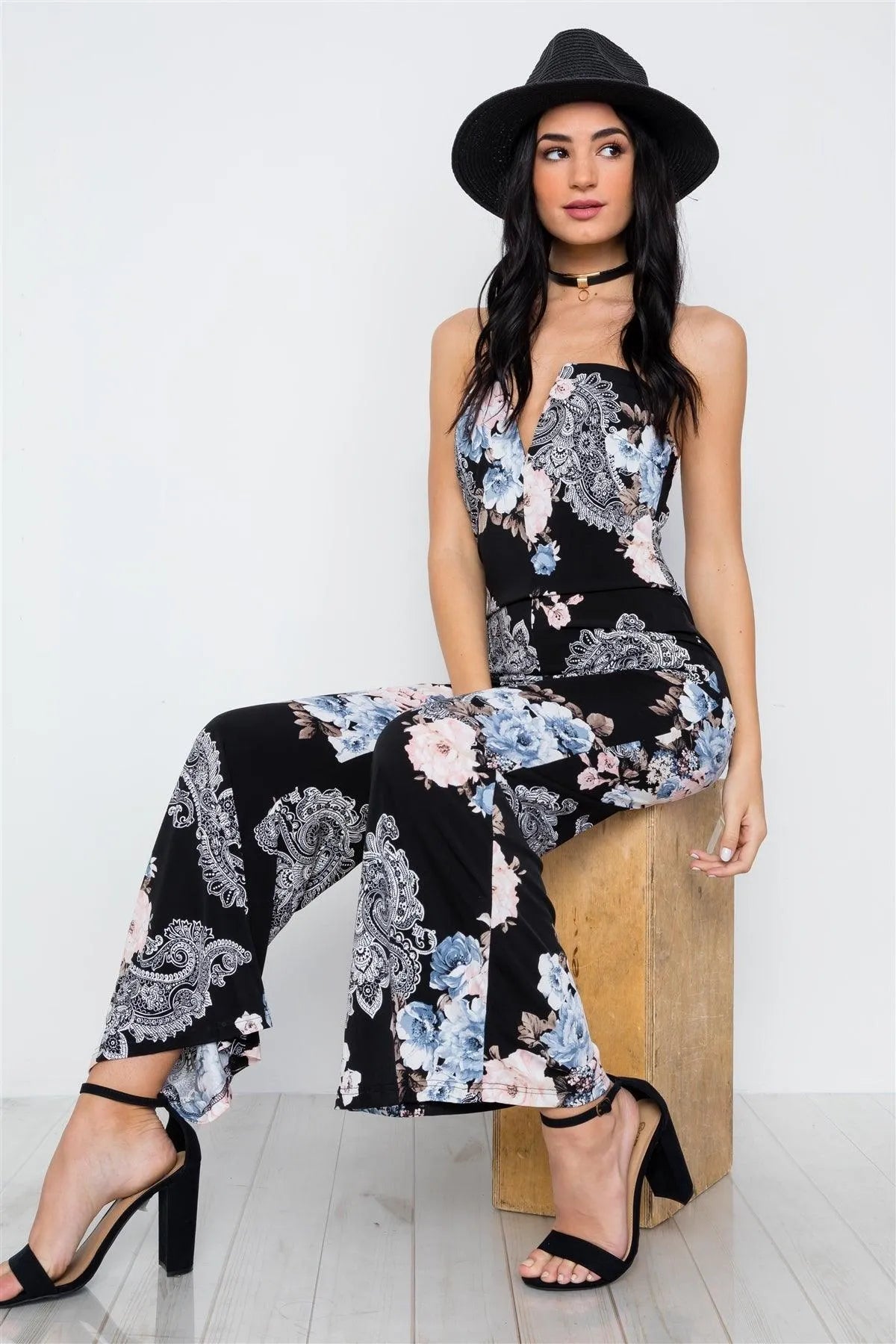 Black Floral Print Strapless Wide Leg Jumpsuit /2-2-2