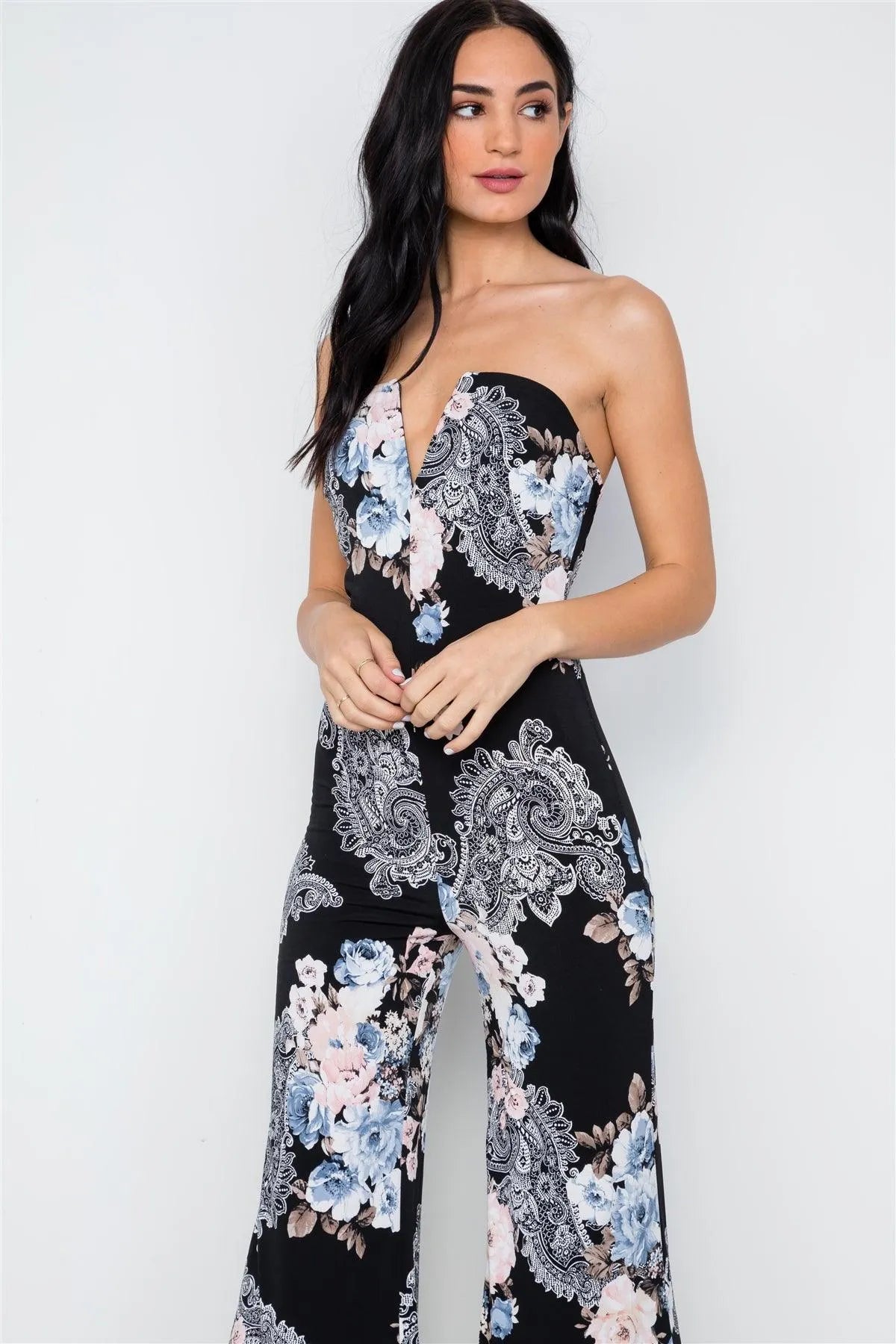 Black Floral Print Strapless Wide Leg Jumpsuit /2-2-2