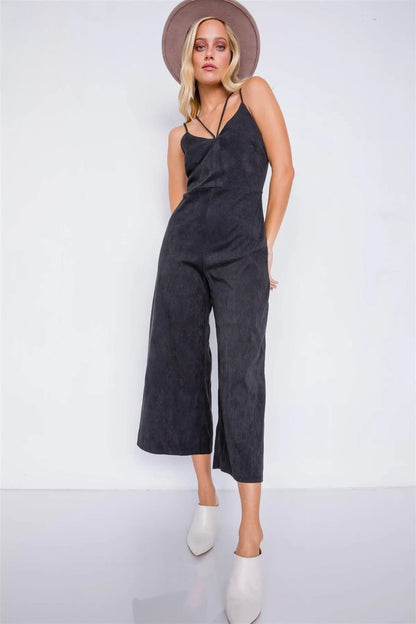 Black Corduroy Velvet Suede Cami V-Neck Straps Gaucho Midi Jumpsuit /2-2-2