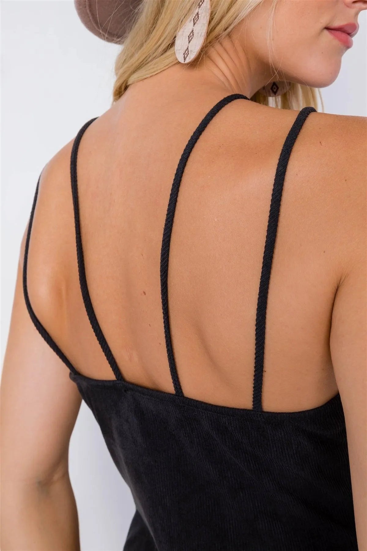 Black Corduroy Velvet Suede Cami V-Neck Straps Gaucho Midi Jumpsuit /2-2-2