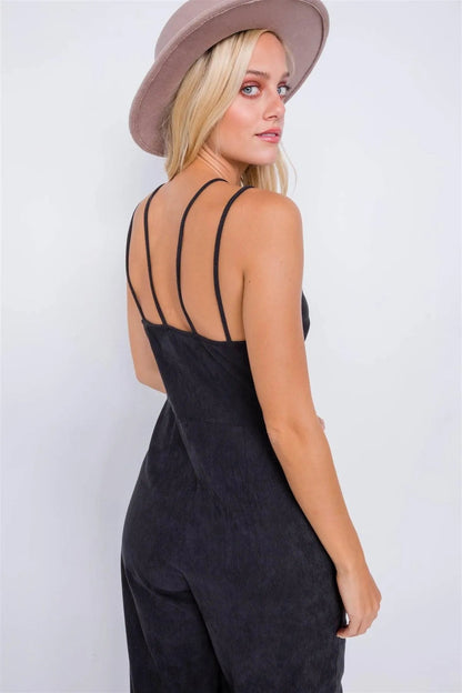 Black Corduroy Velvet Suede Cami V-Neck Straps Gaucho Midi Jumpsuit /2-2-2