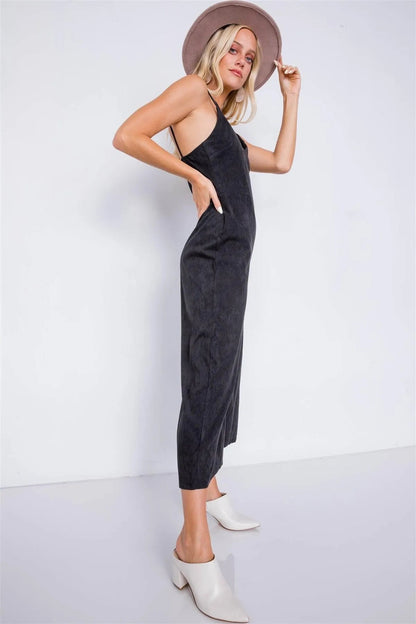 Black Corduroy Velvet Suede Cami V-Neck Straps Gaucho Midi Jumpsuit /2-2-2