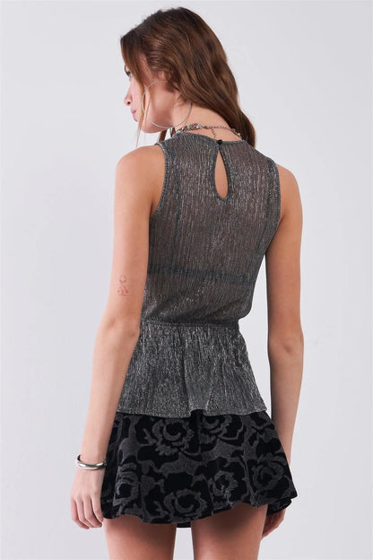 Black & Silver Pleated See Through Sleeveless Round Neck Asymmetrical Elasticated Waistline Back Keyhole Top /1-2-2