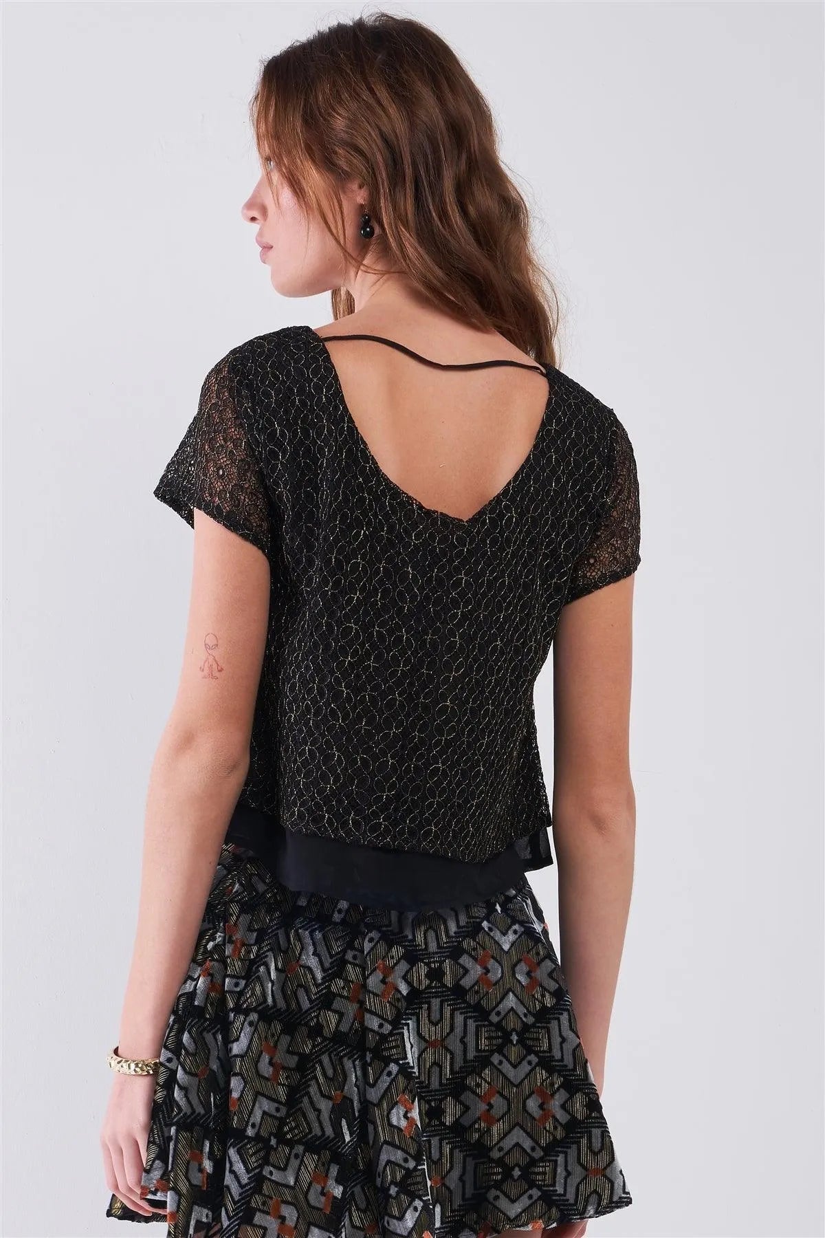 Black & Gold Thread Crew Neck Crochet Layered Short Sleeve Back Strap Detail Top /1-2-2-1