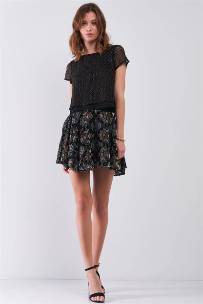 Black & Gold Thread Crew Neck Crochet Layered Short Sleeve Back Strap Detail Top /1-2-2-1