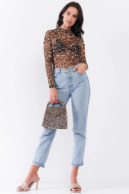 Animal Print Sheer Mock Neck Long Sleeve Bodysuit