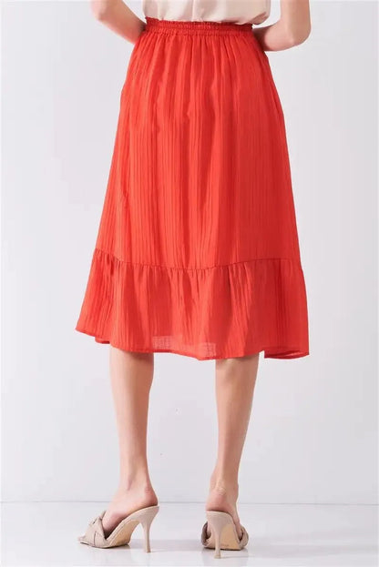 Afterglow Red High-Waisted Slightly Pleated Midi Skirt