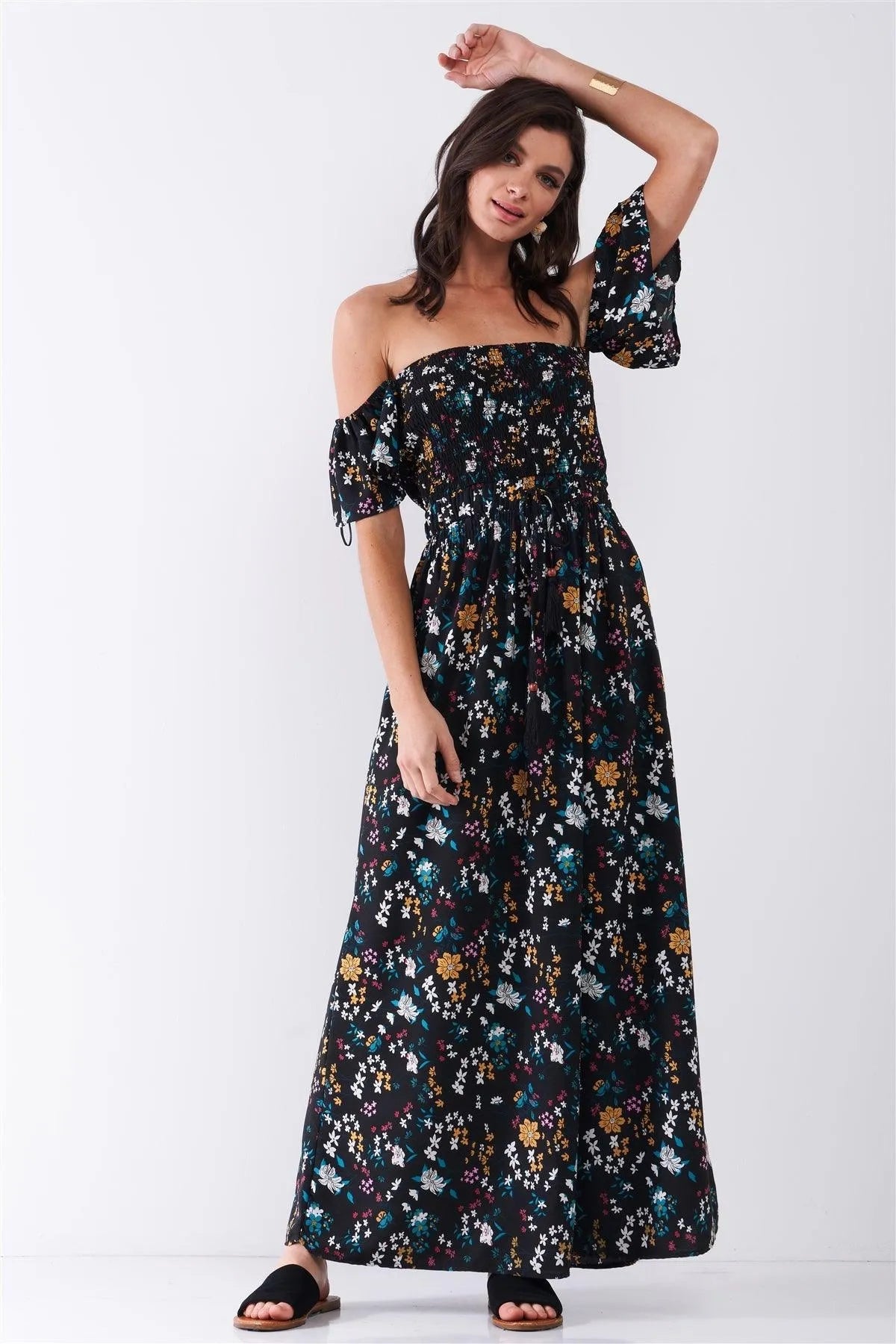 Black Floral Print Off-The-Shoulder Self-Tie Waist Maxi Dress