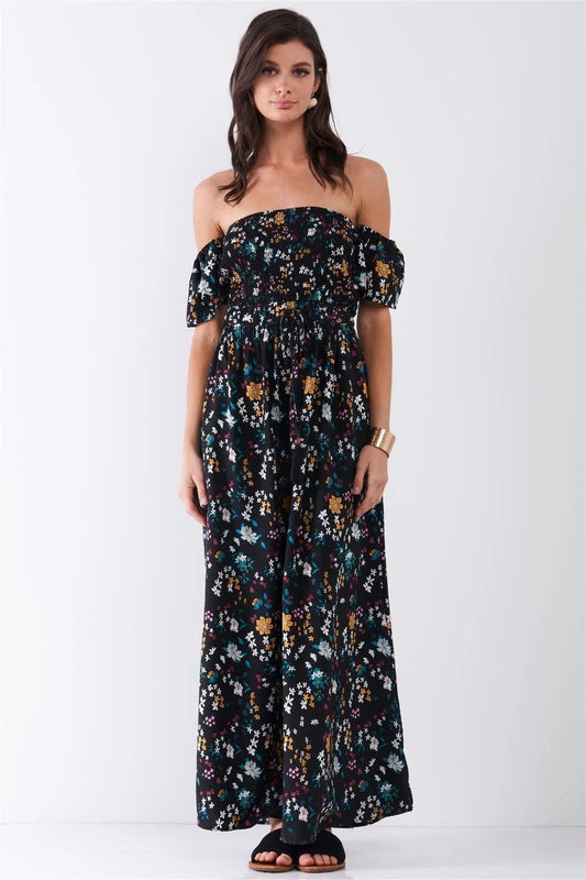 Black Floral Print Off-The-Shoulder Self-Tie Waist Maxi Dress