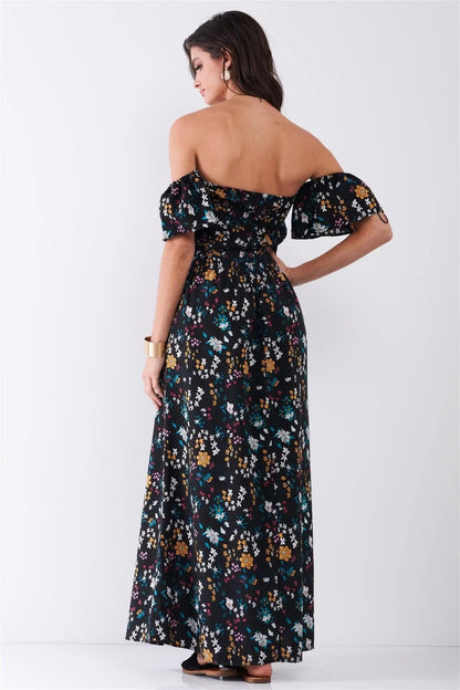 Black Floral Print Off-The-Shoulder Self-Tie Waist Maxi Dress
