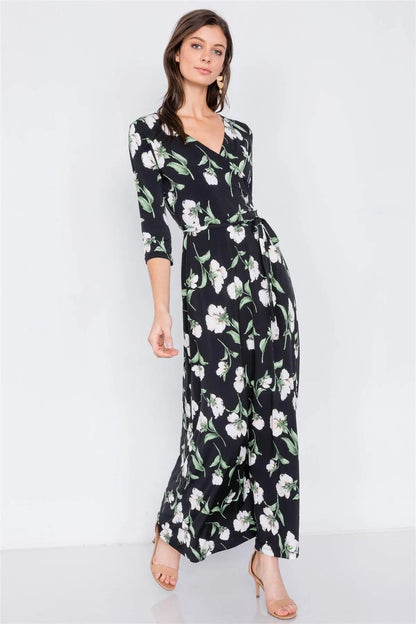 Black Floral Print Waist Tie 3/4 Sleeve Maxi Dress /2-2-2