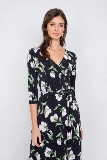 Black Floral Print Waist Tie 3/4 Sleeve Maxi Dress