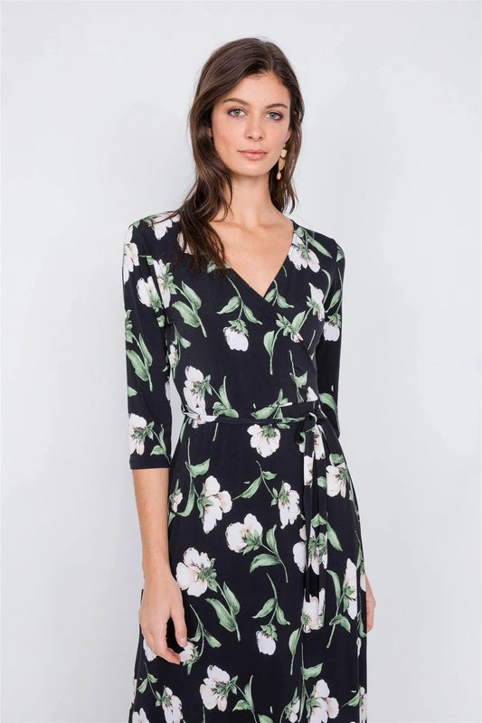 Black Floral Print Waist Tie 3/4 Sleeve Maxi Dress