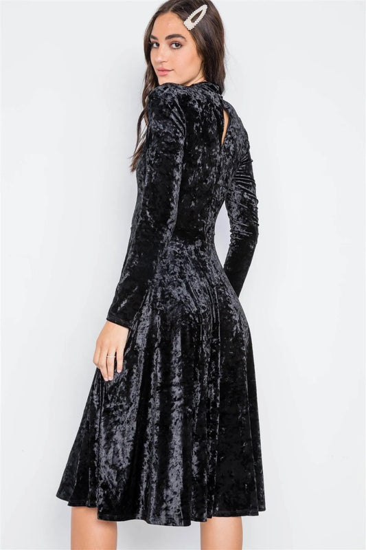 Black Crushed Velvet Long Sleeve A-Line Midi Evening Dress